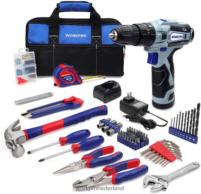 hulpmiddel WORKPRO 12V accuboormachine en gereedschapsset voor thuis, 177-delige comboset met gereedschapstas bruikbaar 4NVZH8171