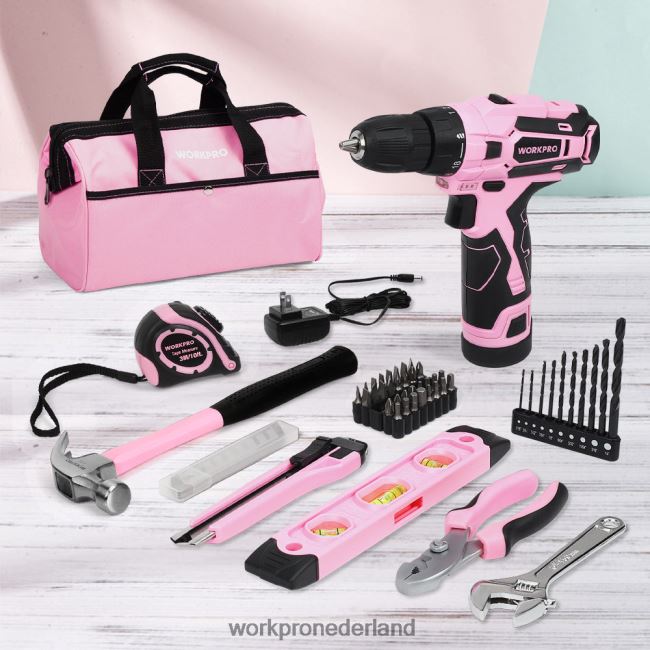 hulpmiddel WORKPRO 12V accuboormachine en gereedschapsset voor thuis met opbergtas van 14 inch roze 4NVZH8258