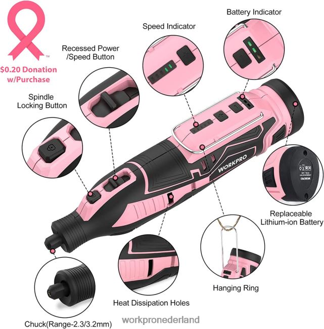 hulpmiddel WORKPRO 12V draadloze roterende gereedschapsset, 5 variabele snelheden, 114 eenvoudig te verwisselen accessoires roze 4NVZH8267