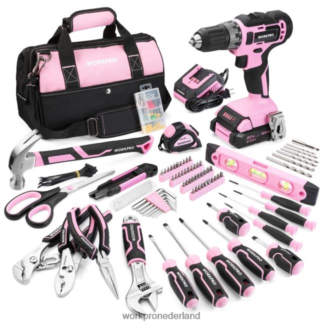 hulpmiddel WORKPRO 157-delige accuboormachinecombinatieset met 20 V accu-lithium-ion roze/grijs 4NVZH8259
