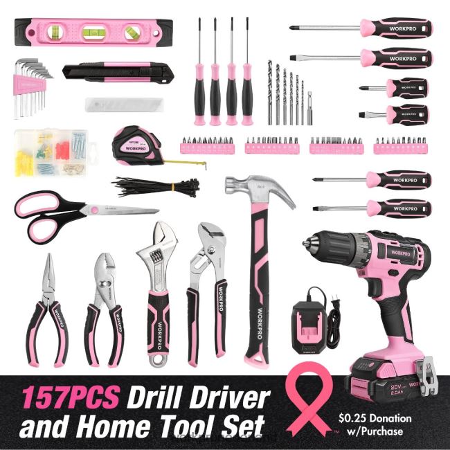 hulpmiddel WORKPRO 157-delige accuboormachinecombinatieset met 20 V accu-lithium-ion roze/grijs 4NVZH8259