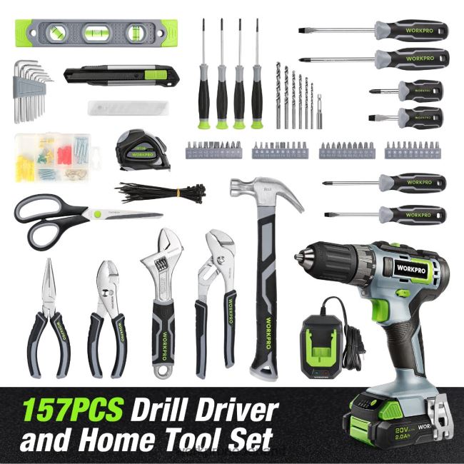 hulpmiddel WORKPRO 157-delige accuboormachinecombinatieset met 20 V accu-lithium-ion roze/grijs 4NVZH8259