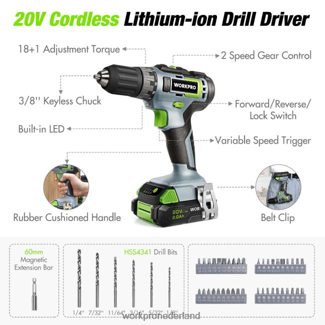 hulpmiddel WORKPRO 157-delige accuboormachinecombinatieset met 20 V accu-lithium-ion roze/grijs 4NVZH8259