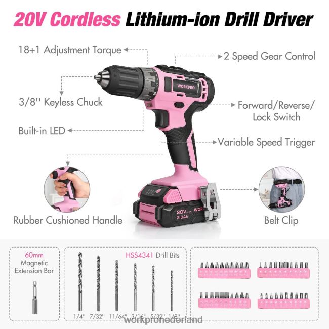hulpmiddel WORKPRO 157-delige accuboormachinecombinatieset met 20 V accu-lithium-ion roze/grijs 4NVZH8259