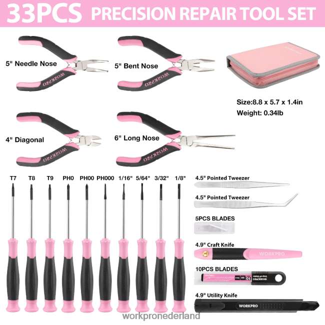 hulpmiddel WORKPRO 33-delige precisiereparatieset inclusief tangenset roze blauw 4NVZH8257