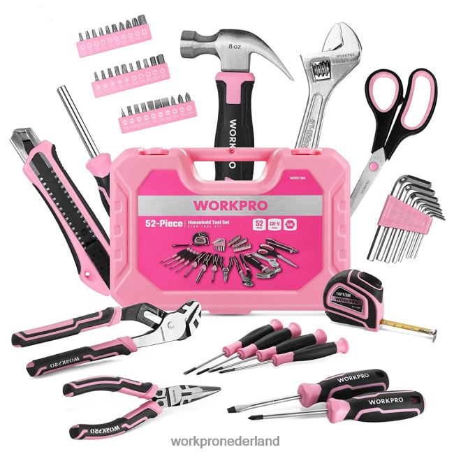 hulpmiddel WORKPRO 52-delige gereedschapsset, damesgereedschapsset voor thuis met opbergdoos voor gereedschap, basisgereedschapsset - lint roze 4NVZH8249