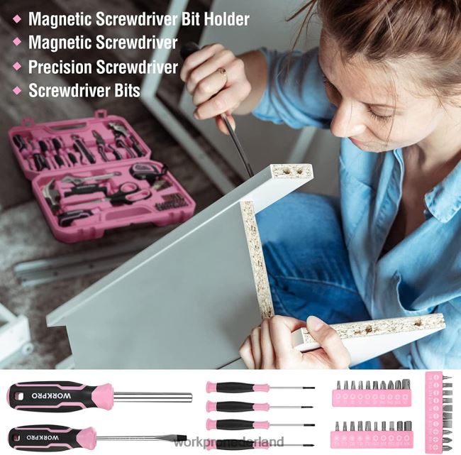 hulpmiddel WORKPRO 52-delige gereedschapsset, damesgereedschapsset voor thuis met opbergdoos voor gereedschap, basisgereedschapsset - lint roze 4NVZH8249