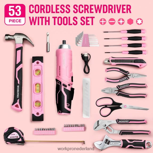 hulpmiddel WORKPRO 55-delige gereedschapsset, 3,7 V draaibare accuschroevendraaier en huishoudelijke gereedschapsset roze 4NVZH8264