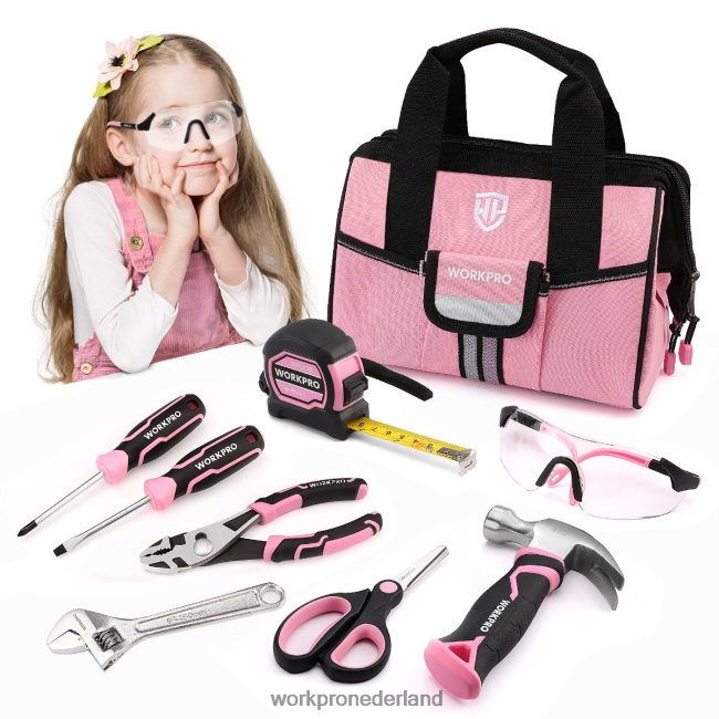 hulpmiddel WORKPRO 9-delige junior gereedschapsset voor kinderen met gereedschapstas roze blauw 4NVZH8253
