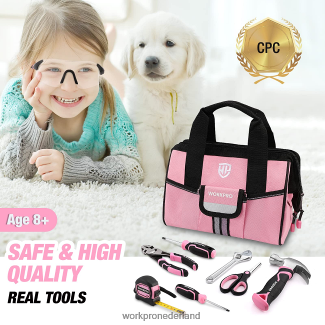 hulpmiddel WORKPRO 9-delige junior gereedschapsset voor kinderen met gereedschapstas roze blauw 4NVZH8253