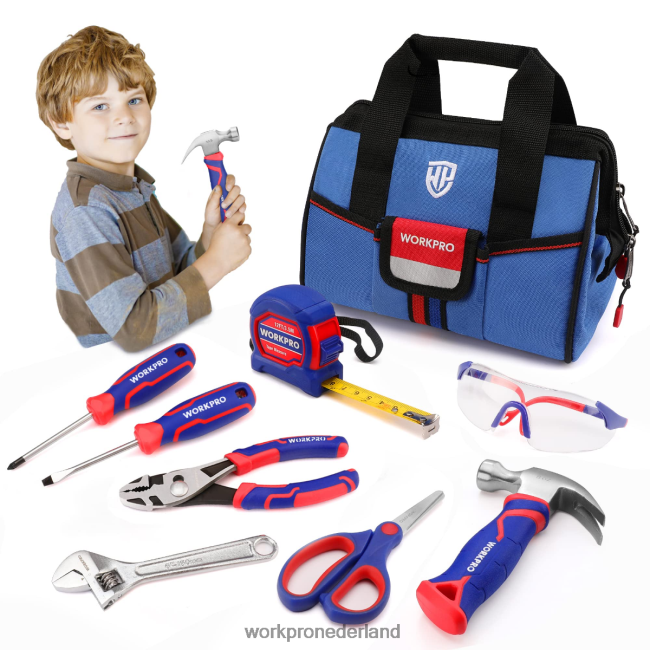 hulpmiddel WORKPRO 9-delige junior gereedschapsset voor kinderen met gereedschapstas roze blauw 4NVZH8253
