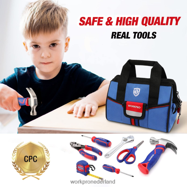 hulpmiddel WORKPRO 9-delige junior gereedschapsset voor kinderen met gereedschapstas roze blauw 4NVZH8253