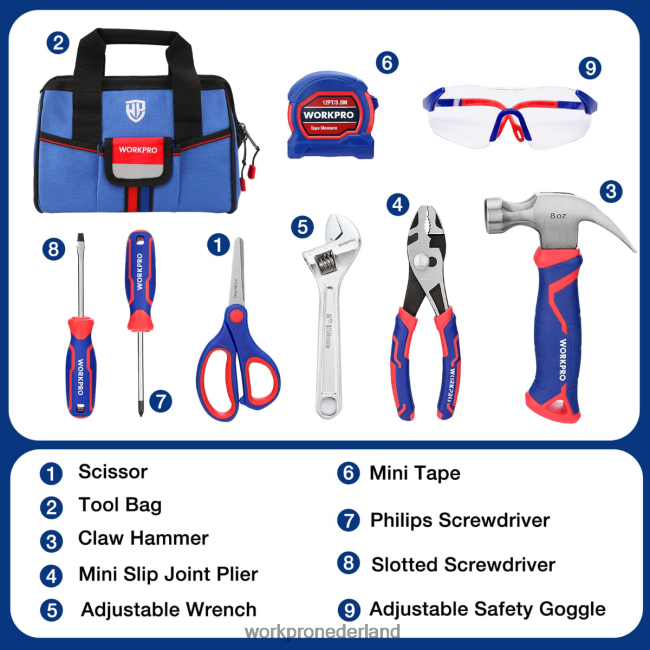 hulpmiddel WORKPRO 9-delige junior gereedschapsset voor kinderen met gereedschapstas roze blauw 4NVZH8253