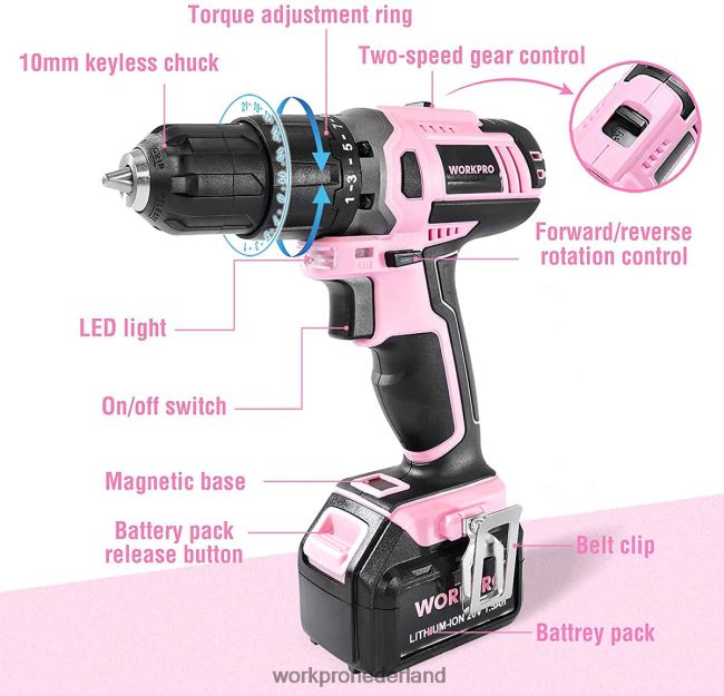 hulpmiddel WORKPRO Accu 20V lithium-ion boormachineset roze 4NVZH8262