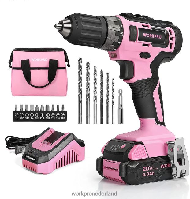 hulpmiddel WORKPRO Inclusief 20V accuboormachineset met snellader en 11 inch opbergtas roze 4NVZH8261