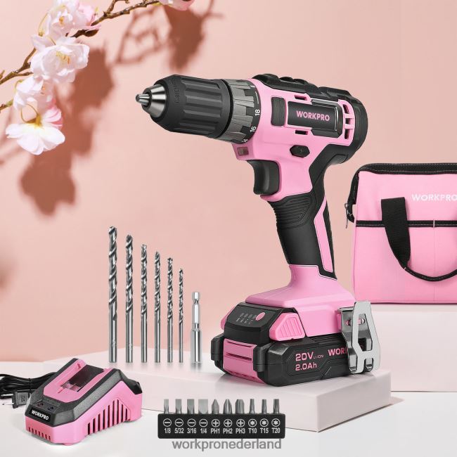 hulpmiddel WORKPRO Inclusief 20V accuboormachineset met snellader en 11 inch opbergtas roze 4NVZH8261