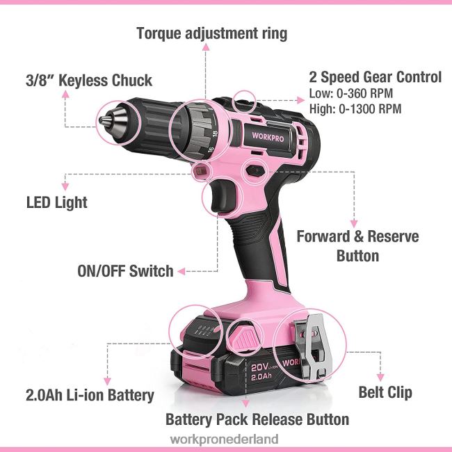 hulpmiddel WORKPRO Inclusief 20V accuboormachineset met snellader en 11 inch opbergtas roze 4NVZH8261