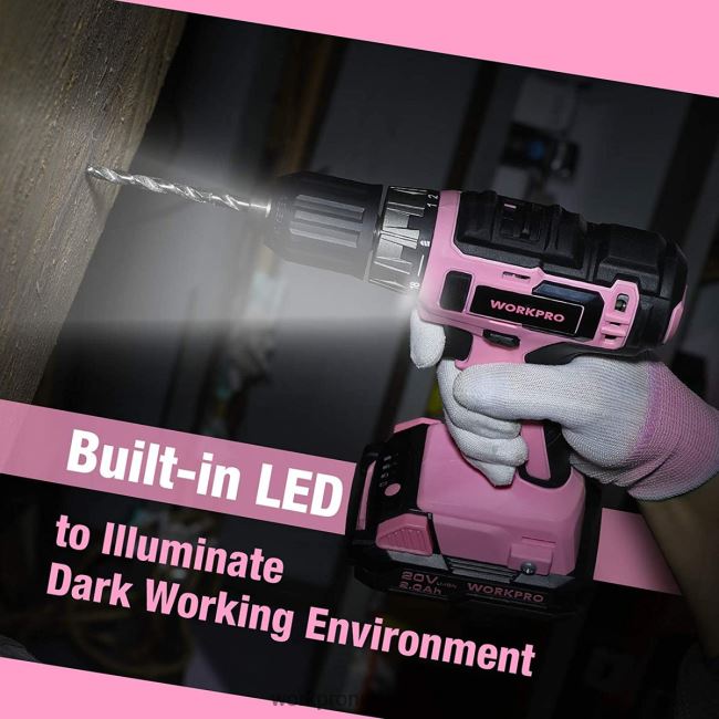 hulpmiddel WORKPRO Inclusief 20V accuboormachineset met snellader en 11 inch opbergtas roze 4NVZH8261