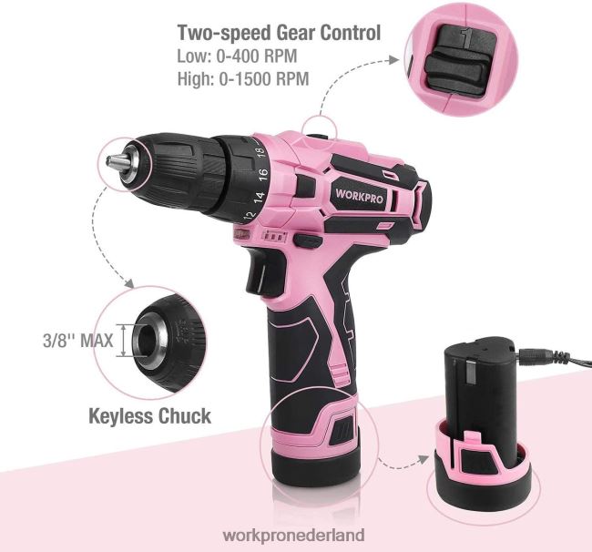 hulpmiddel WORKPRO accuboormachineset 12v elektrische schroevendraaier gereedschapsset voor dames roze 4NVZH8263