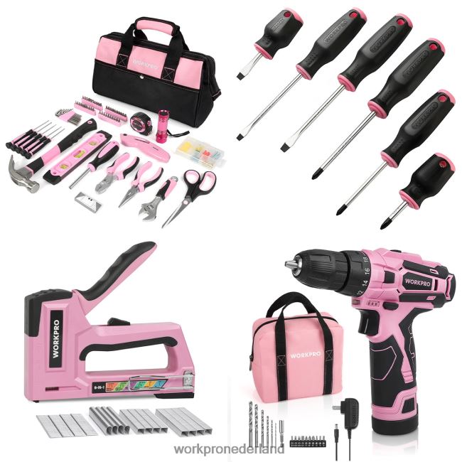hulpmiddel WORKPRO 106-delige gereedschapsset & 6-delige magnetische schroevendraaiers & 12V accuboormachine-set & 6-in-1 nietpistool roze 4NVZH8312