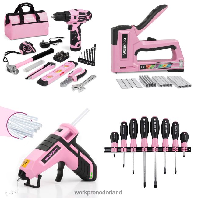 hulpmiddel WORKPRO 12V accuboormachineset & 6-in-1 nietpistool & 8-delige magnetische schroevendraaierset & draadloos smeltlijmpistool roze 4NVZH8313