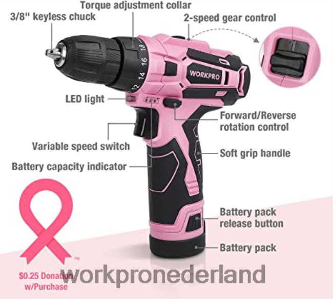 hulpmiddel WORKPRO 12V accuboormachineset & 6-in-1 nietpistool & 8-delige magnetische schroevendraaierset & draadloos smeltlijmpistool roze 4NVZH8313