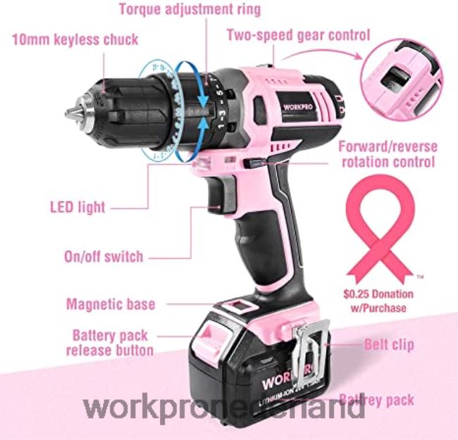 hulpmiddel WORKPRO 20V accuboormachineset & 6-delige minitang & 10-delige gereedschapsset & acculijmpistool roze 4NVZH8316