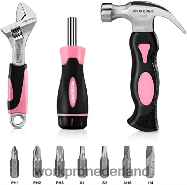hulpmiddel WORKPRO 20V accuboormachineset & 6-delige minitang & 10-delige gereedschapsset & acculijmpistool roze 4NVZH8316