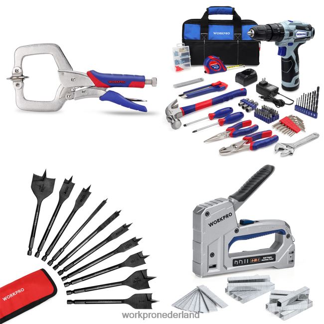 hulpmiddel WORKPRO Gezichtsklem & 12V accuboormachine en gereedschapsset voor thuis & 10-delige professionele spade-boorset & 4-in-1 nietpistool voor zwaar gebruik bruikbaar 4NVZH8318