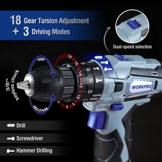 hulpmiddel WORKPRO Gezichtsklem & 12V accuboormachine en gereedschapsset voor thuis & 10-delige professionele spade-boorset & 4-in-1 nietpistool voor zwaar gebruik bruikbaar 4NVZH8318