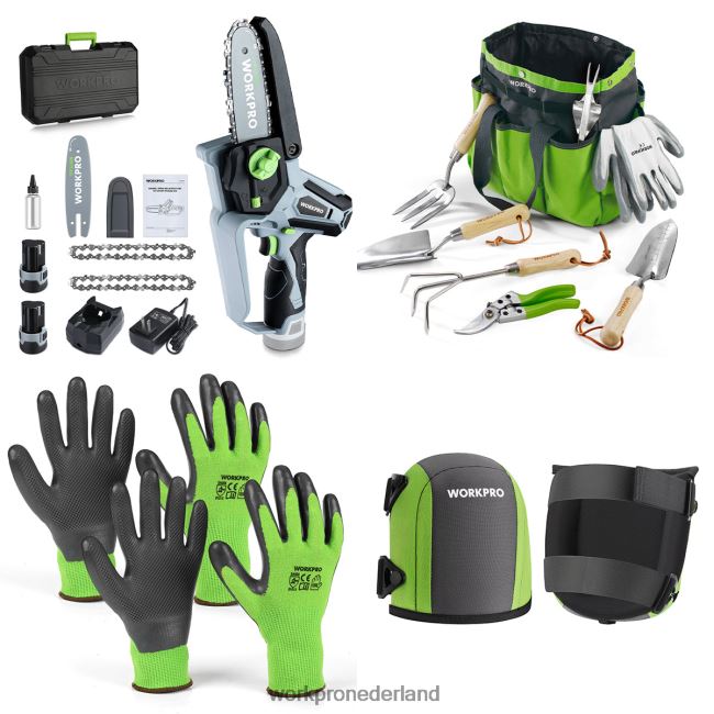 hulpmiddel WORKPRO accukettingzaag & 7-delige tuingereedschapset & 2 paar tuinhandschoenen & tuinkniebeschermers bruikbaar 4NVZH8314
