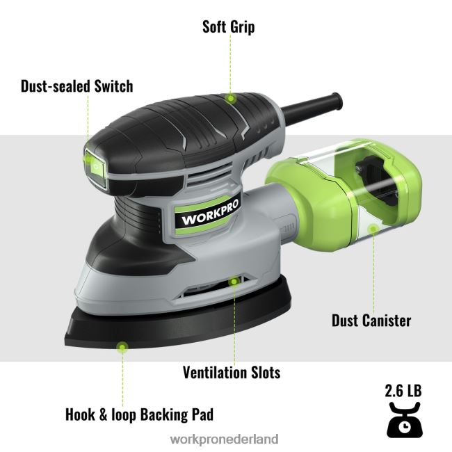 hulpmiddel WORKPRO Detailschuurmachine van 1,6 ampère, compacte elektrische schuurmachine van 13.000 opm met stofafscheider behulpzaam 4NVZH8239