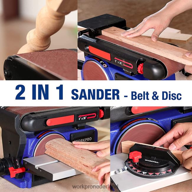 hulpmiddel WORKPRO bandschijfschuurmachine, 4 inch x 36 inch band- en 6 inch schijfschuurmachine met 6 stuks schuurpapier, gietijzeren voet voor het schuren van houtbewerking bruikbaar 4NVZH8235