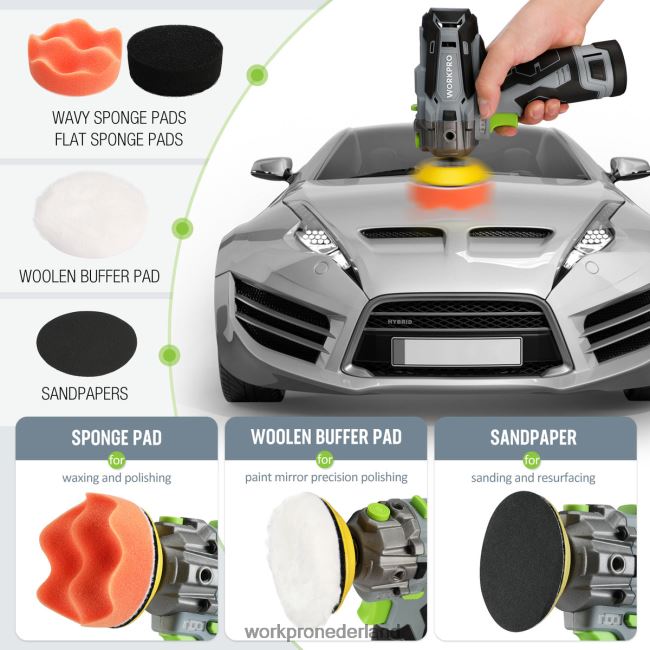 hulpmiddel WORKPRO Accu-polijstmachine van 12 V, buffer- en schuurmachine voor mini-auto's met 2 li-ionbatterijen bruikbaar 4NVZH8229