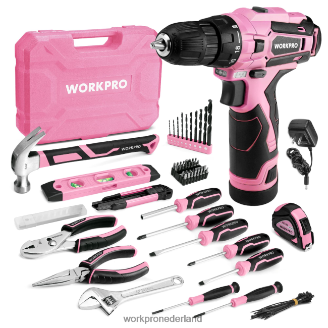 hulpmiddel WORKPRO 108-delige draagbare gereedschapsset met boormachine roze/grijs 4NVZH8173