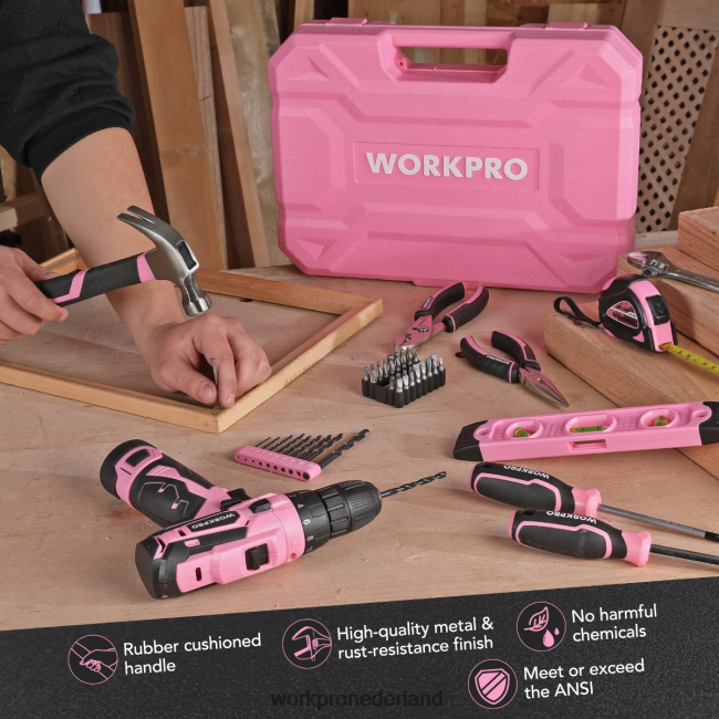 hulpmiddel WORKPRO 108-delige draagbare gereedschapsset met boormachine roze/grijs 4NVZH8173