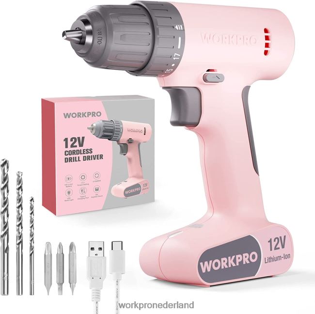 hulpmiddel WORKPRO 12V accuboormachineset met 6 bits, 3/8-inch snelspanboorhouder, variabele snelheid, 18 touque-instellingen roze/wit 4NVZH8175