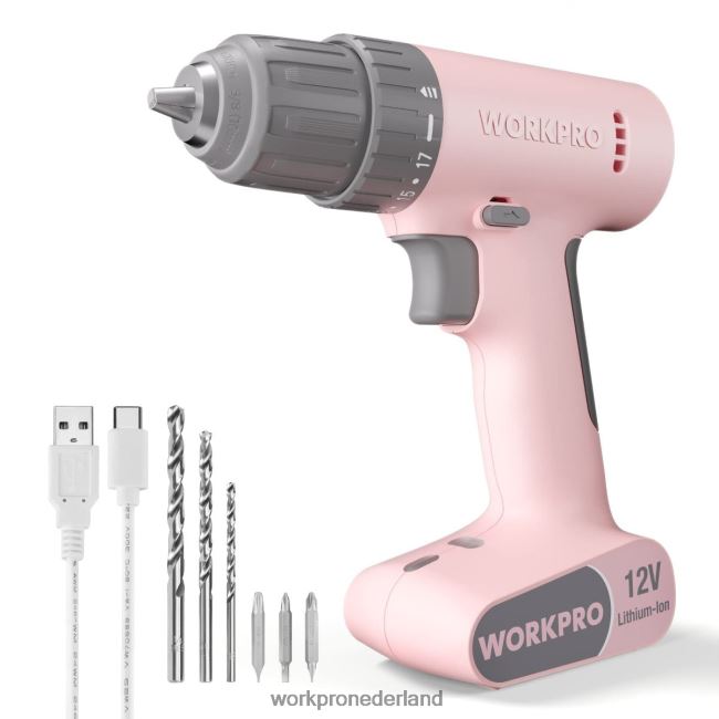 hulpmiddel WORKPRO 12V accuboormachineset met 6 bits, 3/8-inch snelspanboorhouder, variabele snelheid, 18 touque-instellingen roze/wit 4NVZH8175