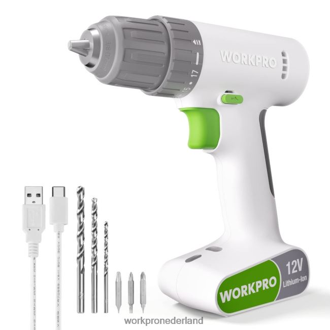 hulpmiddel WORKPRO 12V accuboormachineset met 6 bits, 3/8-inch snelspanboorhouder, variabele snelheid, 18 touque-instellingen roze/wit 4NVZH8175