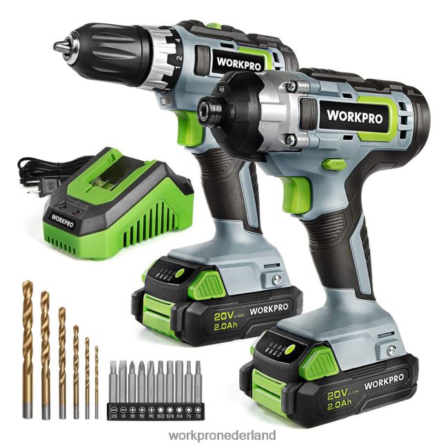 hulpmiddel WORKPRO 20V accuboormachine combokit, boormachine en slagschroevendraaier met 2x 2,0 Ah batterijen en 1 uur snellader behulpzaam 4NVZH8169