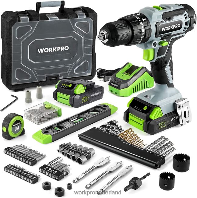 hulpmiddel WORKPRO 20v max. accuboormachineset, elektrische klopboormachine met 102 stuks accessoires, 2 x 2,0ah li-ionbatterijen met snellader bruikbaar 4NVZH8170