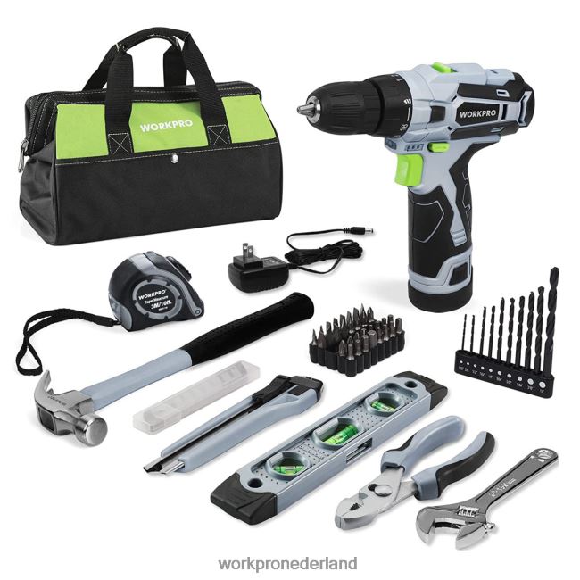 hulpmiddel WORKPRO 61-delige 12V accuboormachine en gereedschapsset voor thuis, inclusief 14-inch opbergtas grijs 4NVZH8174