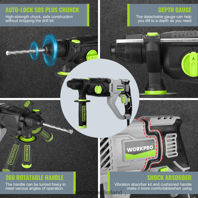 hulpmiddel WORKPRO 7,5 ampère 1-1/4 inch premium sds-plus boorhamer, lichtgewicht versie met snoer bruikbaar 4NVZH8178