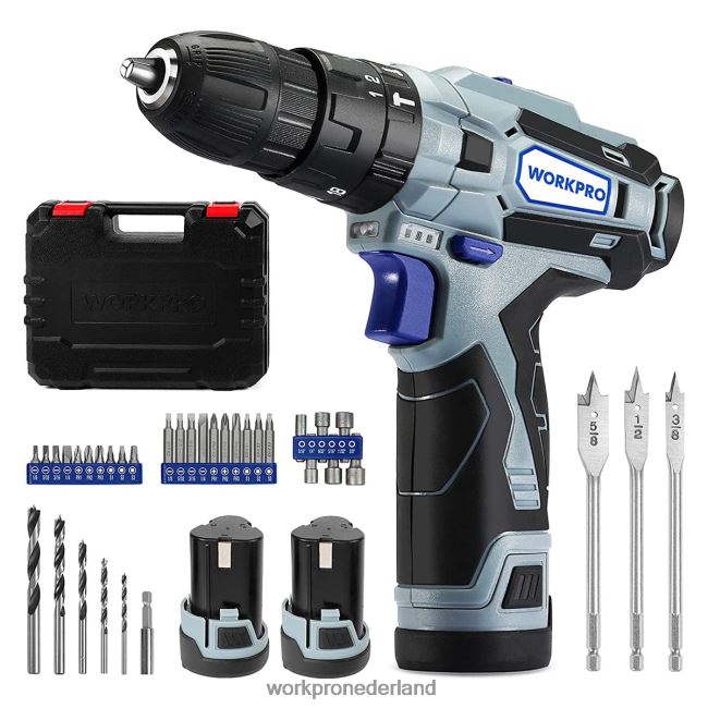 hulpmiddel WORKPRO Accuschroefboormachineset van 12 V met 2 snelheden, 2 li-ionbatterijen van 2000 mAh en snellader morden 4NVZH8168