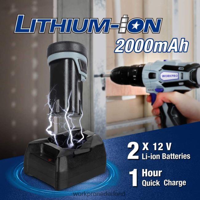 hulpmiddel WORKPRO Accuschroefboormachineset van 12 V met 2 snelheden, 2 li-ionbatterijen van 2000 mAh en snellader morden 4NVZH8168