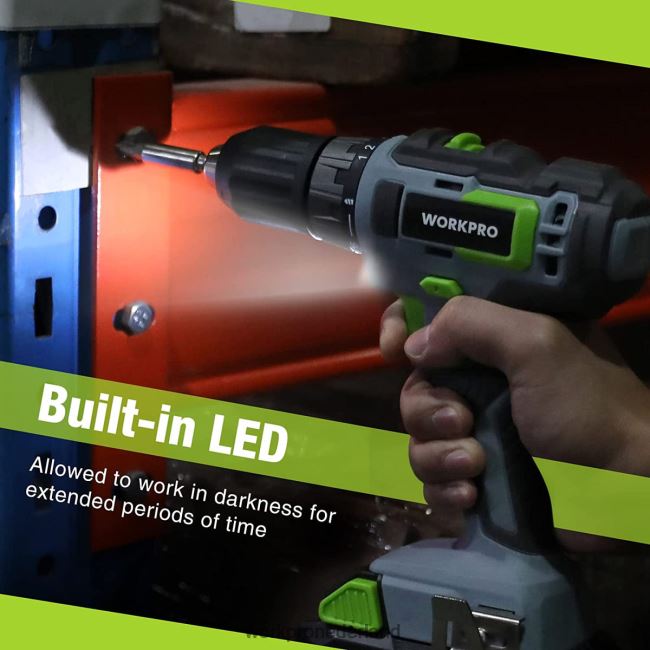 hulpmiddel WORKPRO Inclusief 20 V accuboormachinekit, 2,0 Ah li-ionbatterij, 1 uur snellader en 11 inch opbergtas groente 4NVZH8176