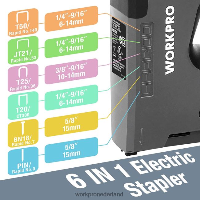 hulpmiddel WORKPRO 110v 6 in 1 elektrische nietmachine-tacker voor doe-het-zelf-project van houtbewerking bruikbaar 4NVZH8167