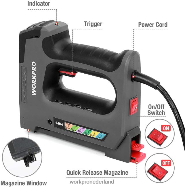 hulpmiddel WORKPRO 110v 6 in 1 elektrische nietmachine-tacker voor doe-het-zelf-project van houtbewerking bruikbaar 4NVZH8167
