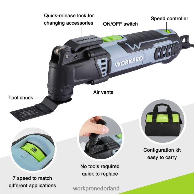 hulpmiddel WORKPRO Vervangbare oscillerende zaag van 3,0 ampère met snoer, snelsluiting, 7 variabele snelheden, 3 oscillatiehoeken, 17 stuks zaagaccessoires en draagtas bruikbaar 4NVZH8230
