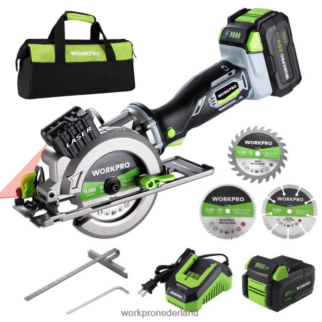 hulpmiddel WORKPRO compacte accu mini-cirkelzaag, 20v 4.0ah accu, snellader, 3 zaagbladen, 4500rpm behulpzaam 4NVZH8186